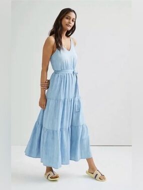 Anthropologie Cloth & Stone Light Blue Chambray Maxi Dress Tie Waist pockets sm
